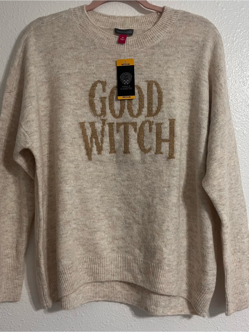 Vince Camuto Cream Sweater with Gold 'Good Witch' Graphic